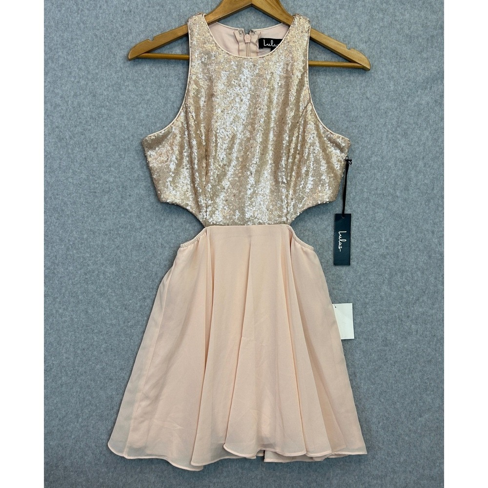 Lulus Size S Life Illuminated Sequin Cutout Mini Skater Dress Rose Gold Pink NWT